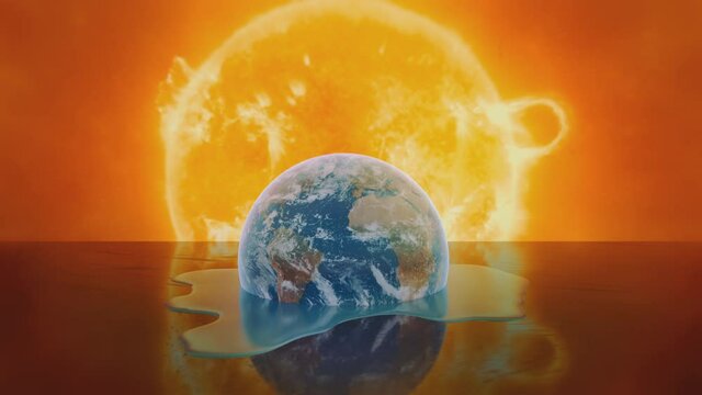 Earth melting into water with sun in the background. Global warming symbolic animation.