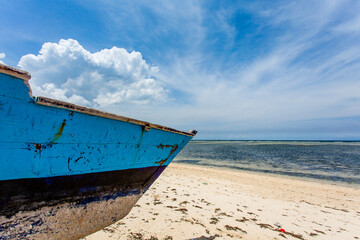 Blue and white fishing boat on the beach of Gili Air, Indonesia, Southeast Asia