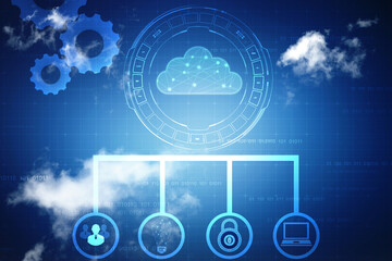 2d illustration of Cloud computing, Digital Cloud computing Concept background. Cyber technology, internet data storage, database and data server concept