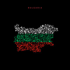 Bulgaria flag map, chaotic particles pattern in the Bulgarian flag colors. Vector illustration