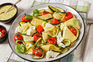 open lasagne with veggies and mozzarella, top view