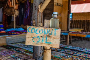 Biological coconut oil for sale, Gili Air, West Nusa Tenggara, Indonesia, Asia