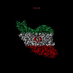 Iran flag map, chaotic particles pattern in the Iranian flag colors. Vector illustration