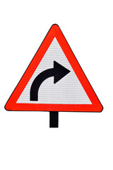 Traffic circle shaped U Turn sign with post on white background.