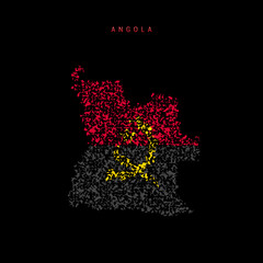 Obraz premium Angola flag map, chaotic particles pattern in the Angolan flag colors. Vector illustration