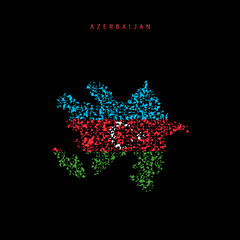 Azerbaijan flag map, chaotic particles pattern in the Azerbaijani flag colors. Vector illustration