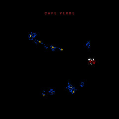Cape Verde flag map, chaotic particles pattern in the Cabo Verde flag colors. Vector illustration