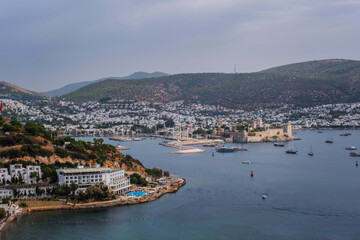 Naklejka na ściany i meble Bodrum, Turkey - october 2020: View from Bodrum coast. Bodrum is one of the most popular summer destinations on Turkey, located by the Aegean Sea, Turkish Riviera.