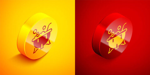 Isometric Halloween witch cauldron icon isolated on orange and red background. Happy Halloween party. Circle button. Vector