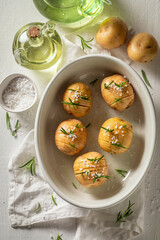 Delicious Hasselback with salt and rosemary. Swedish cuisine.