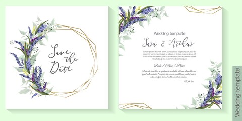 Fototapeta na wymiar Floral vector template for wedding invitation. Lavender, green leaves, circular polygonal gold frame. Vector invitation set.
