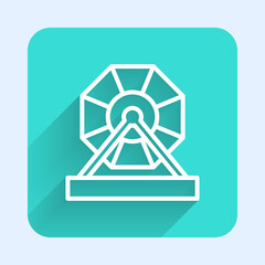 White line Lottery machine icon isolated with long shadow. Lotto bingo game of luck concept. Wheel drum leisure. Green square button. Vector