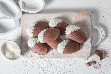 Chococlate Madeleine cookies made from basic ingredients. French cookies.