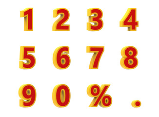 Numerical letters with percentage symbol and a dot symbol in red and yellow color - 3D illustration