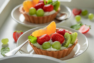 Sweet mini tart with strawberries and kiwi. Simple summer dessert.