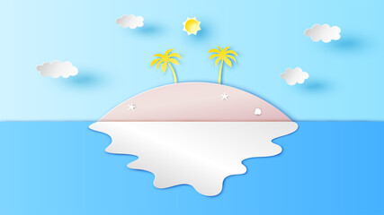 Fototapeta na wymiar Illustration of sea scenery in summer with clear sky and blank space. Island in the middle of Sea. Sea landscape. Summer time. paper cut and craft style. vector, illustration.