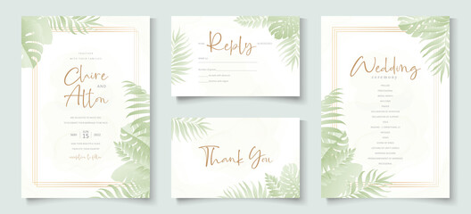 Fototapeta na wymiar Wedding invitation template with tropical palm leaf design