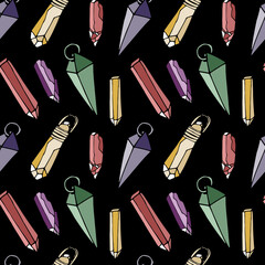 Seamless pattern with hand drawn colorful crystals and pendants on black background. Gemstone repeat texture.