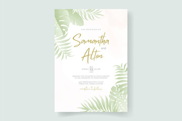 Obraz na płótnie Canvas Wedding invitation template with tropical palm leaf design