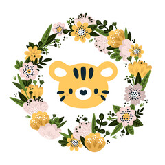 Floral wreath with cute tiger and flowers for boy or girl print. Symbol animal of 2022 year. Nature border for nursery room decoration. Frame with stripy tiger animal.