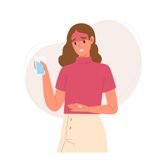 Young sick girl is taking medicine. Have a fever. Concept of illness, unwell character, health care, taking pill, cure or treatment. Flat vector illustration cartoon character.