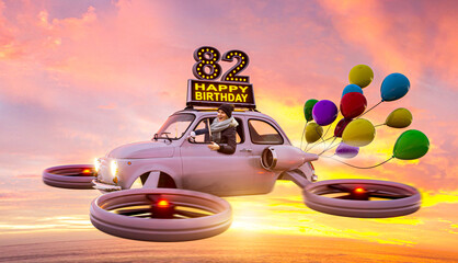 82 Jahre – Geburtstagskarte mit fliegendem Auto