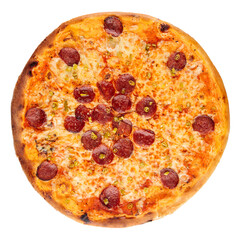 Isolated baked pizza with spicy sausages on white background