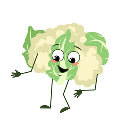 Cute cauliflower character with joyful emotions, smiling face, happy eyes, arms and legs. A funny green vegetable cabbage