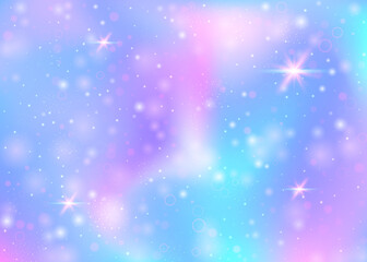 Naklejka na ściany i meble Holographic background with rainbow mesh. Girlie universe banner in princess colors. Fantasy gradient backdrop with hologram. Holographic magic background with fairy sparkles, stars and blurs.