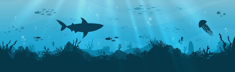 Underwater background with various sea views. Underwater scene. Cute sea fishes ocean underwater animals. Undersea bottom with corals seaweeds kids cartoon vector concept