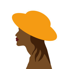 beautiful  tanned woman with long hair in a yellow hat