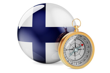 Compass with Finnish flag. Travel and tourism in Finland concept. 3D rendering