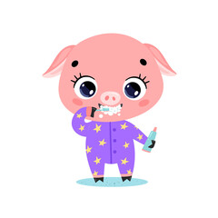 Vector flat doodle cute cartoon baby pig brushing teeth. Animals brush their teeth.
