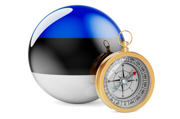 Compass with Estonian flag. Travel and tourism in Estonia concept. 3D rendering