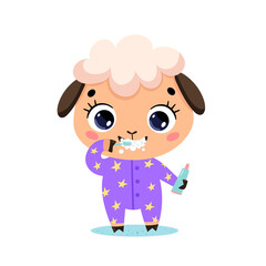 Vector flat doodle cute cartoon baby sheep brushing teeth. Animals brush their teeth.