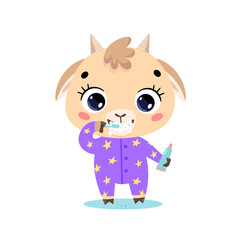 flat doodle cute cartoon baby goat brushing teeth. Animals brush their teeth.