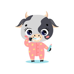 Vector flat doodle cute cartoon baby cow brushing teeth. Animals brush their teeth.