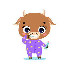 flat doodle cute cartoon baby cow bull brushing teeth. Animals brush their teeth.
