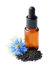 Essential oil of black cumin with nigella sativa flowers