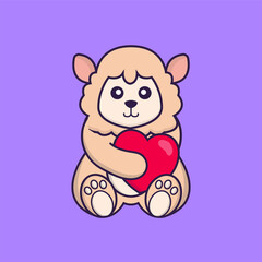 Cute sheep holding a big red heart. Animal cartoon concept isolated. Can used for t-shirt, greeting card, invitation card or mascot. Flat Cartoon Style