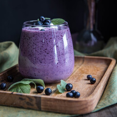 Blueberry smoothie on a wooden salver and black background with a copy space .  Bilberry smoothie...