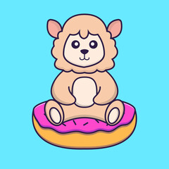 Cute sheep is sitting on donuts. Animal cartoon concept isolated. Can used for t-shirt, greeting card, invitation card or mascot. Flat Cartoon Style