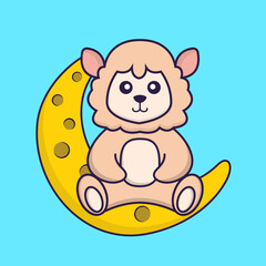 Cute sheep is sitting on the moon. Animal cartoon concept isolated. Can used for t-shirt, greeting card, invitation card or mascot. Flat Cartoon Style