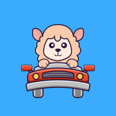 Cute sheep is driving. Animal cartoon concept isolated. Can used for t-shirt, greeting card, invitation card or mascot. Flat Cartoon Style