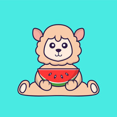 Cute sheep eating watermelon. Animal cartoon concept isolated. Can used for t-shirt, greeting card, invitation card or mascot. Flat Cartoon Style