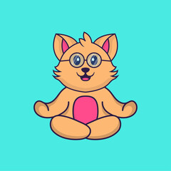 Cute cat is meditating or doing yoga. Animal cartoon concept isolated. Can used for t-shirt, greeting card, invitation card or mascot. Flat Cartoon Style