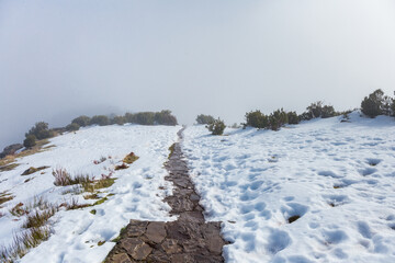 Overview of Pico Ruivo footpath covered with snow in Santana, Madeira island