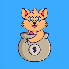 Cute cat in a money bag. Animal cartoon concept isolated. Can used for t-shirt, greeting card, invitation card or mascot. Flat Cartoon Style