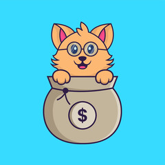 Cute cat playing in money bag. Animal cartoon concept isolated. Can used for t-shirt, greeting card, invitation card or mascot. Flat Cartoon Style