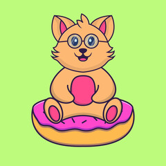 Cute cat is sitting on donuts. Animal cartoon concept isolated. Can used for t-shirt, greeting card, invitation card or mascot. Flat Cartoon Style